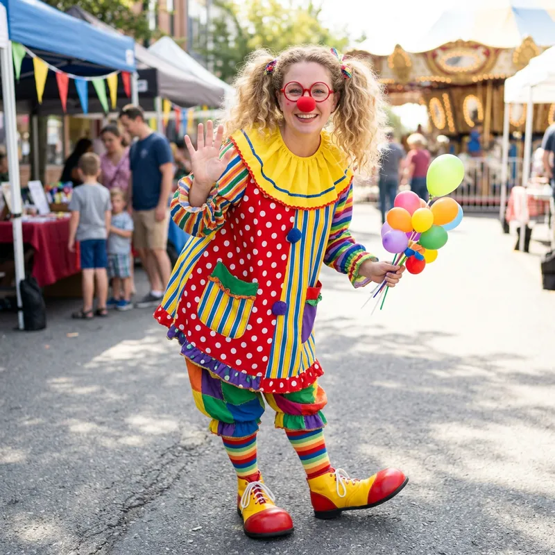 Playful Curly Blonde Clown Woman in Vibrant Costume