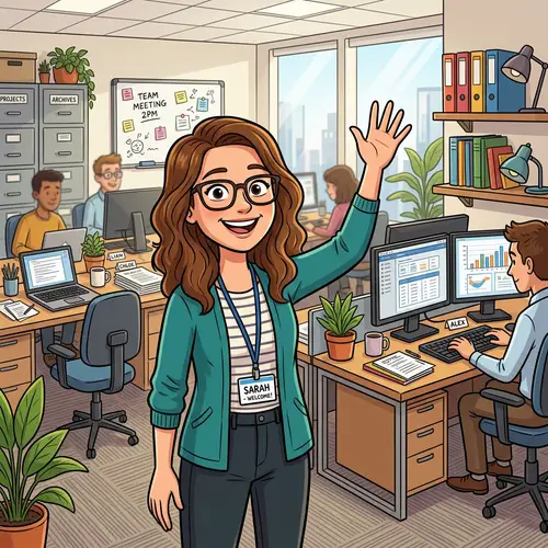 Welcoming Cartoon Character in Office Setting
