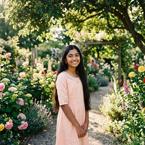 Radiant South Asian Girl in Elegant Pastel Dress | Garden Beauty
