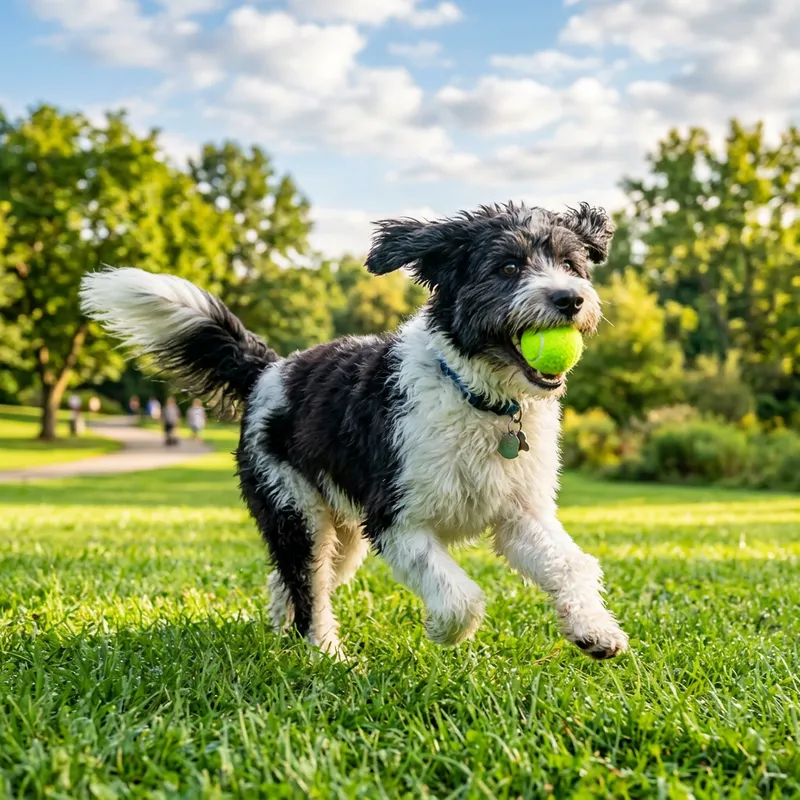Happy Fluffy Dog in Park Playing with Neon Green Ball Happy Fluffy Dog in Park Playing with Neon Green Ball