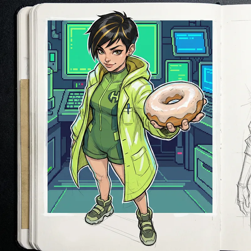 Futuristic Comic Art: Bimbo Girl in Green Lab Suit Futuristic Comic Art: Bimbo Girl in Green Lab Suit