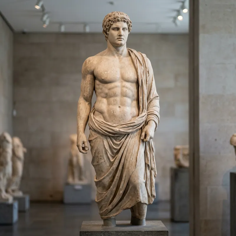Stoic Greek Male Statue with Robust Physique