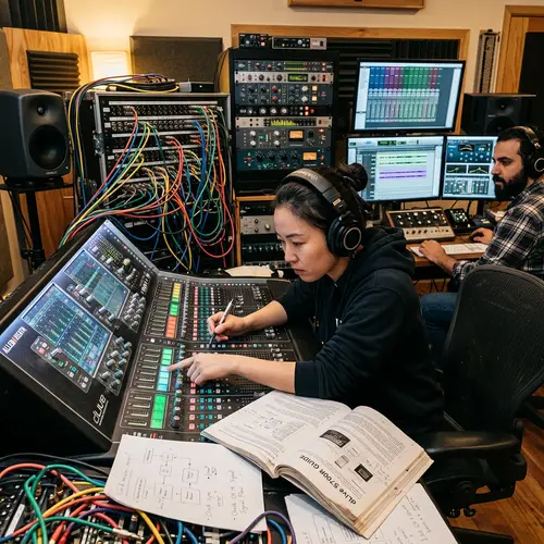 Professional Audio Studio Scene: East Asian Female Audio Engineer Troubleshooting