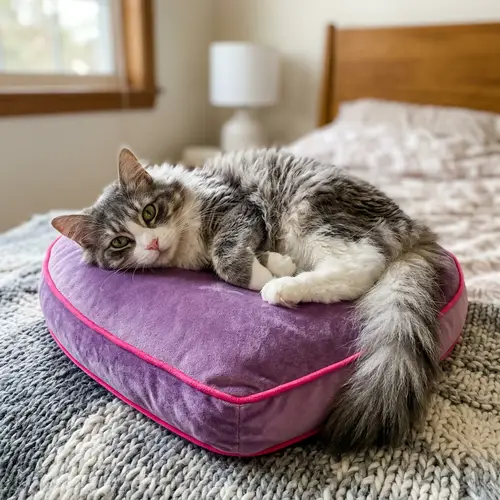 Fluffy Grey and White Cat on Cozy Heart Pillow