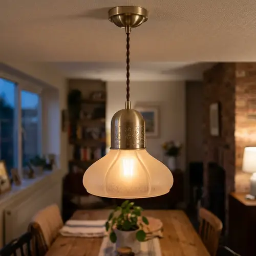 Sleek Brushed Metal Hanging Lamp with Vintage Glass Shade