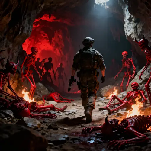 Cave Soldier Battles Demons with Burning Corpses