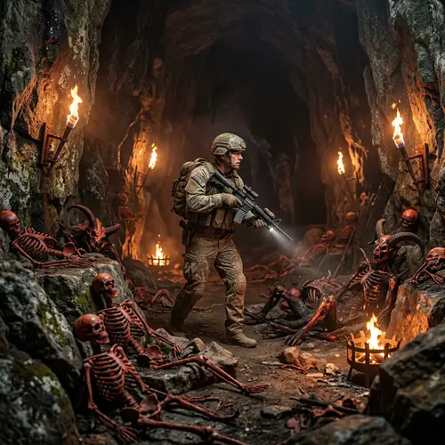 Cave Soldier Battles Demons with Burning Corpses