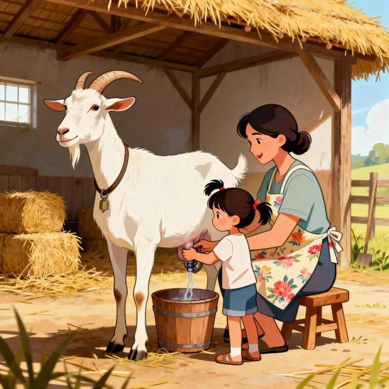Comic Style: Girl Milking Goat with Mother