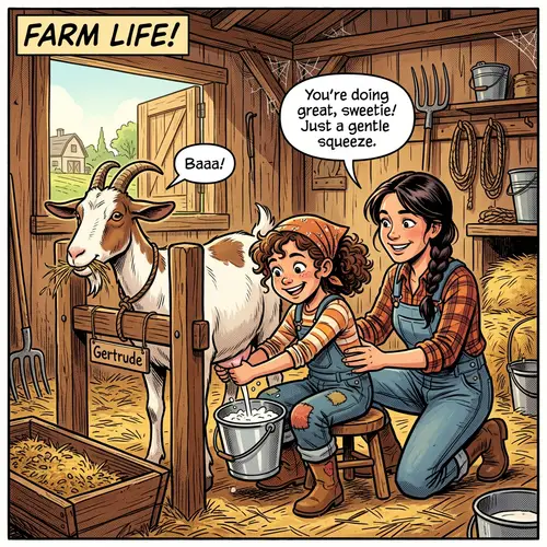Comic Style: Girl Milking Goat with Mother