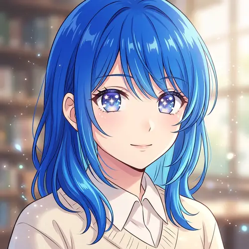 Blue Haired Girl in Anime Style with Twinkling Starry Eyes