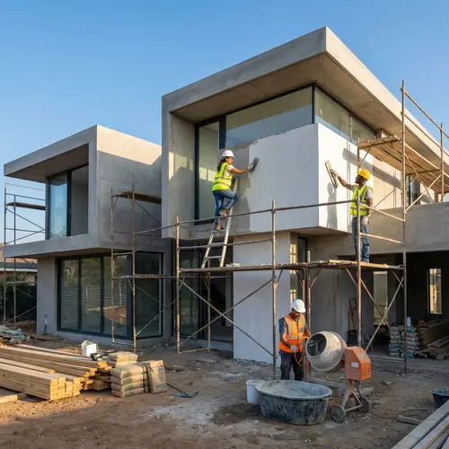 Modern House Plastering: Construction Scene with Diverse Workers