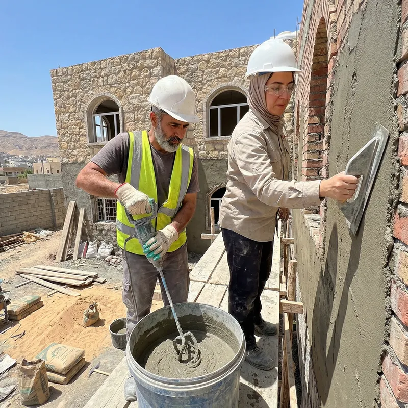 Middle Eastern Worker Plastering Traditional House Exterior