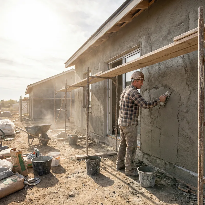 Documentary Construction Photography: House Exterior Worker Plastering