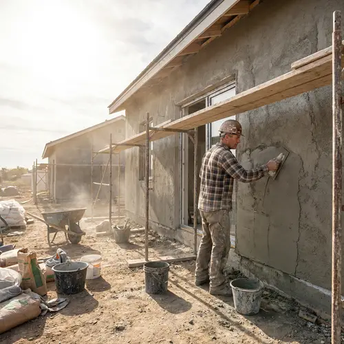 Gritty Construction Scene: House Exterior Plastering