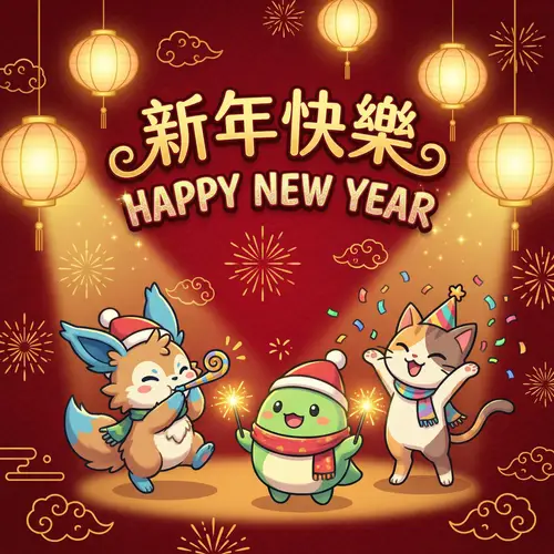 Happy New Year Celebration in Palworld - Festive Scene with Cute Creatures