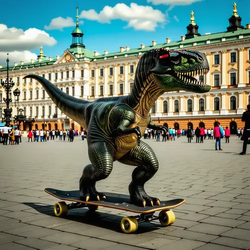 Dinosaur Tourist Skateboarding in St. Petersburg | Palace Square