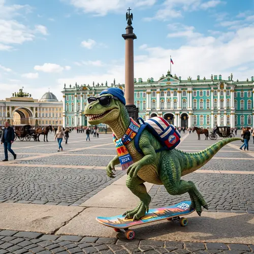 Dinosaur Tourist Skateboarding in St. Petersburg | Palace Square