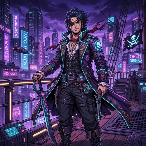 8K Anime Pirate Character - 'Serega' in Neo-Noir Sci-Fi Setting