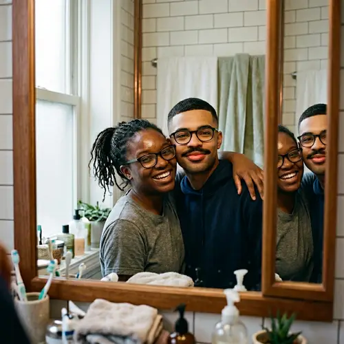 Couple in Front of Bathroom Mirror