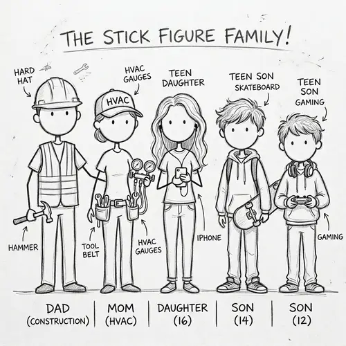 Pencil-Drawn Stick Figure Family Art