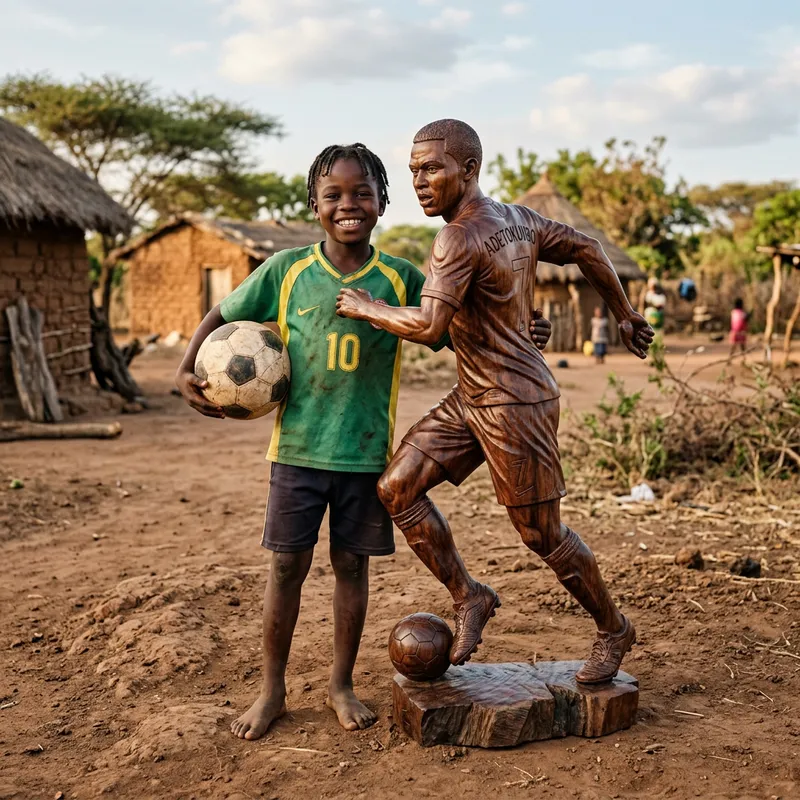 Young Boy with Lifelike Messi Sculpture