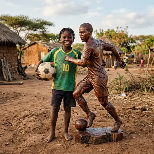 Young Boy with Lifelike Messi Sculpture