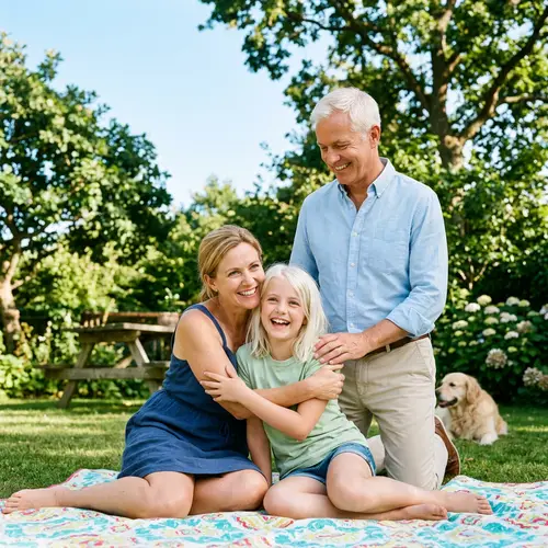 Joyful Family Moment: Green-Eyed Girl with White Hair Embraced by Loving Parents