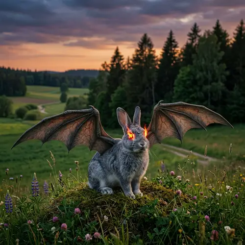 Rabbit with Dinosaur-like Wings and Flaming Eyes