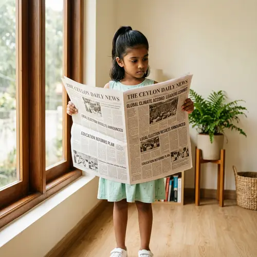 Young South Asian Girl Engrossed in Newspaper in Sunlit Room