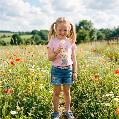 Adorable 10-Year-Old Girl with Blue Eyes in Wildflower Field