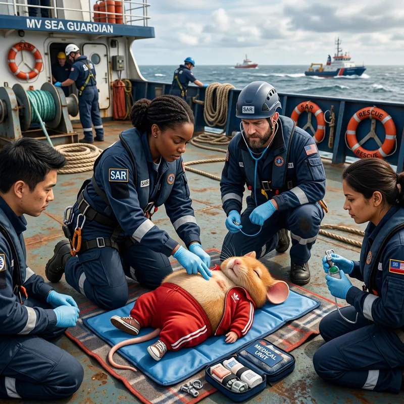Hyperrealistic Illustration of Chubby Ginger British Mouse Rescued on Deck Hyperrealistic Illustration of Chubby Ginger British Mouse Rescued on Deck