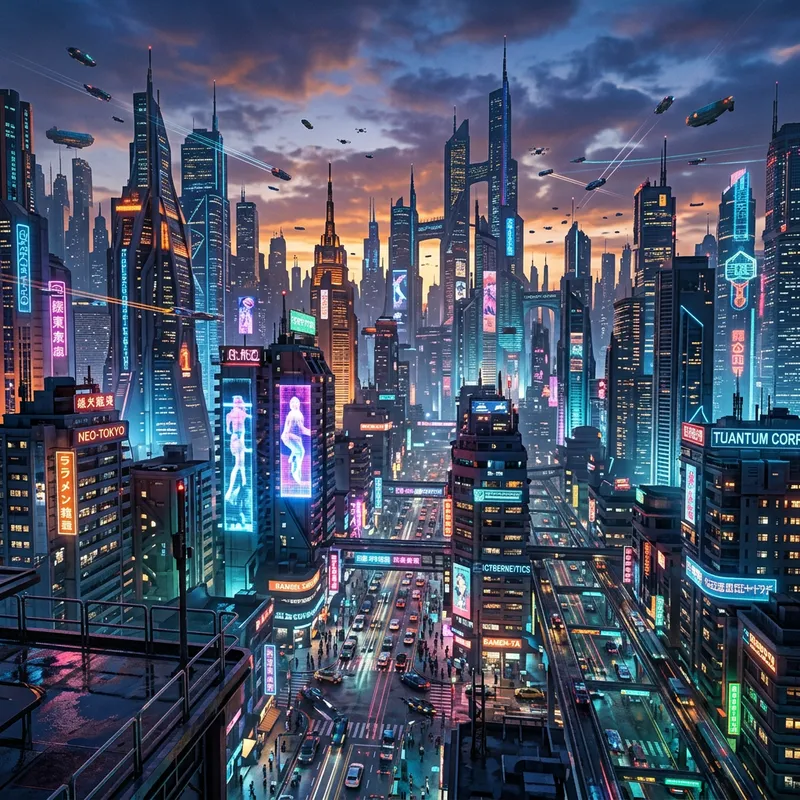 Futuristic Cyberpunk Cityscape - Vibrant Dusk Panorama