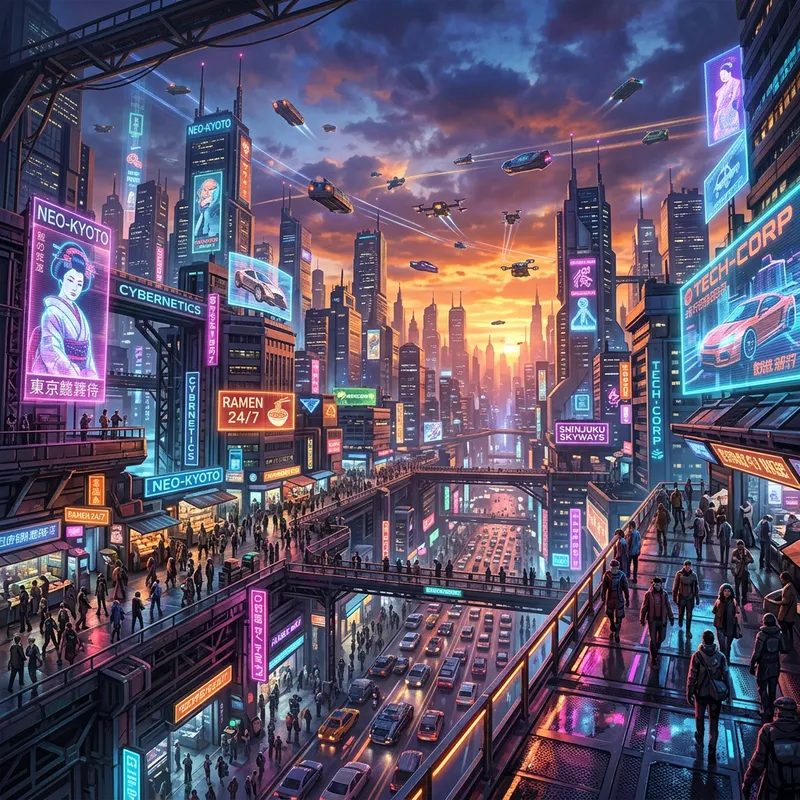 Futuristic Cyberpunk Cityscape at Sunset with Neon Lights