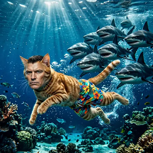Boss Cat in Floral Swimsuit Vs. Menacing Sharks Under the Sea