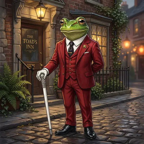 Elegant Red Suit Frog with White Cane Illustration