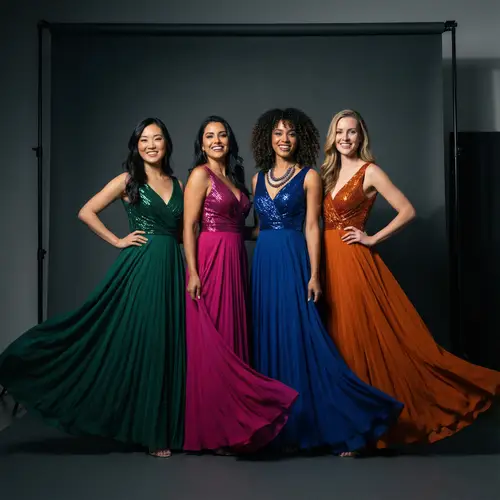 Diverse Group of Women in Vibrant Evening Gowns | High-Fashion Editorial Style