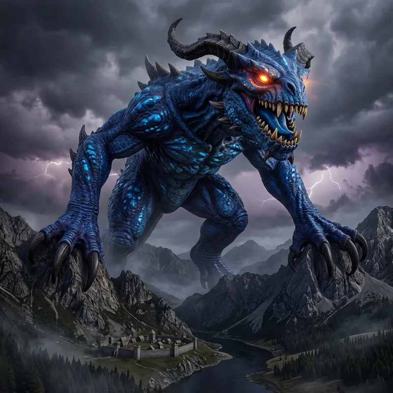 Gigantic Blue Monster: Sinister Beast with Fiery Eyes