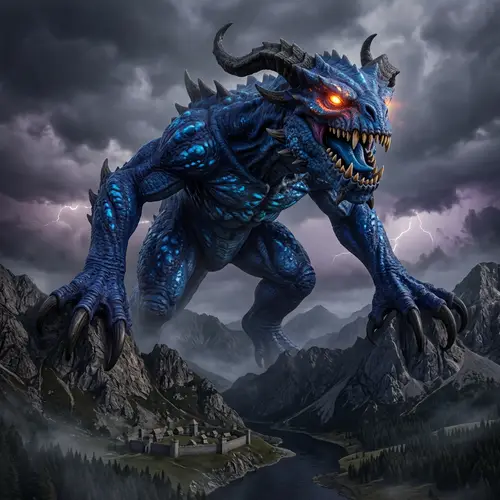 Gigantic Blue Monster: Imposing Creature in Fiery Eyes