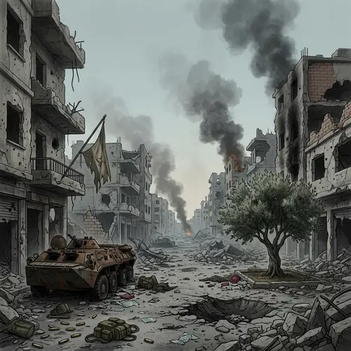 War Environment Illustration: Ravaged Cityscape & Symbols of Hope