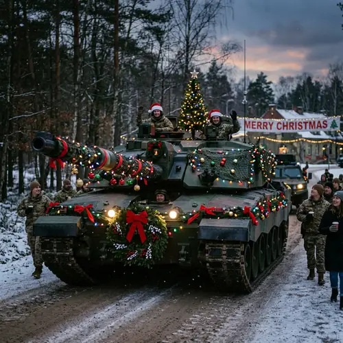 Christmas Tank: Festive Armored Vehicle Decorated with Lights & Ornaments