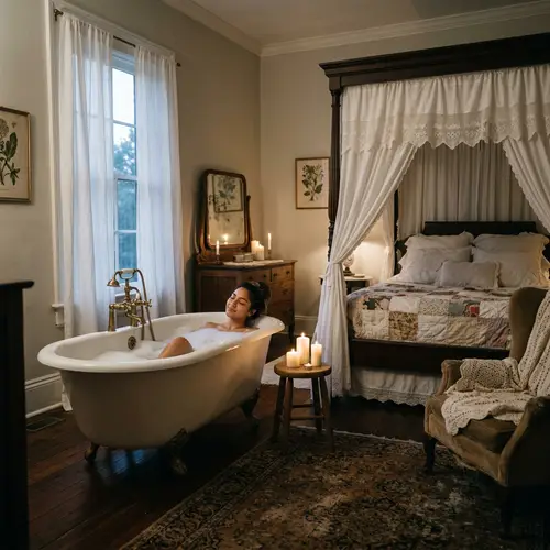 Hispanic Woman Enjoying Bubble Bath in Spacious Bedroom