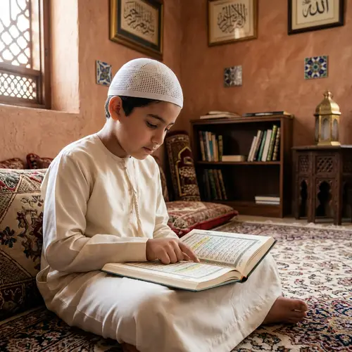 Middle-Eastern Boy Reading Qur'an in Peaceful Traditional Room