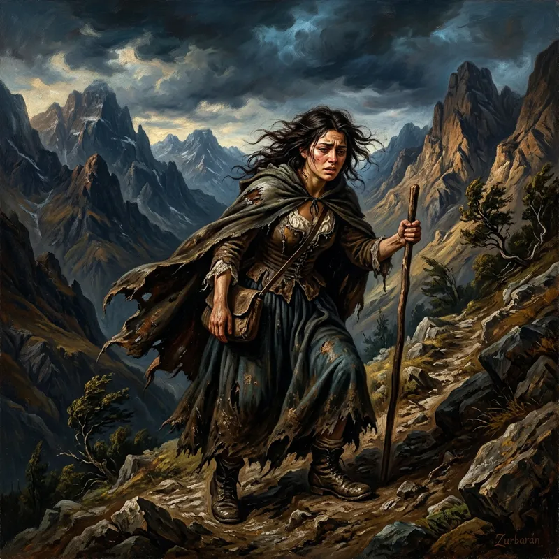 Baroque Mountain Hike: Struggling Woman Battling Wind