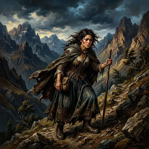 Baroque-Style Hiking Illustration with Weary Hispanic Woman