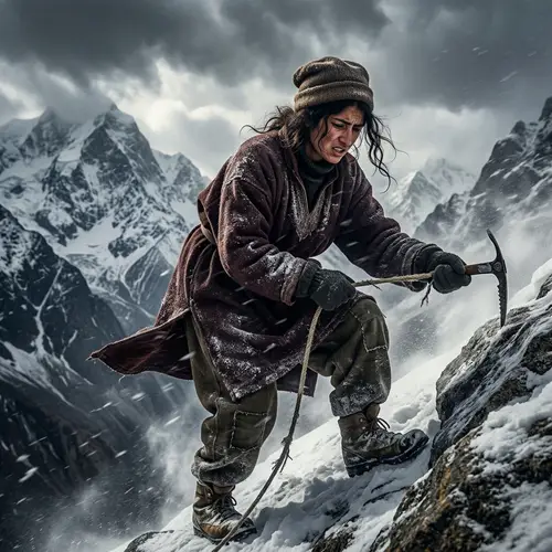 Intense Climb in Snowy Mountains: Survival Struggle in Baroque Style