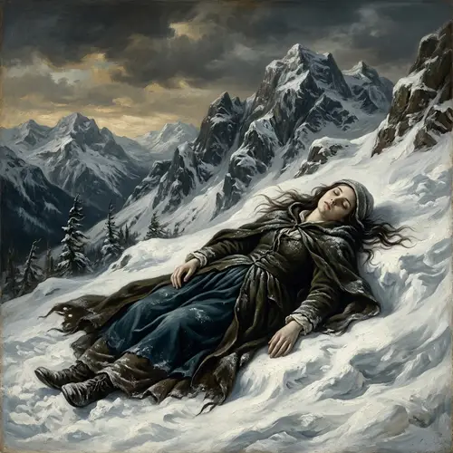Baroque Style Portrait of Lifeless Woman in Snowy Mountains