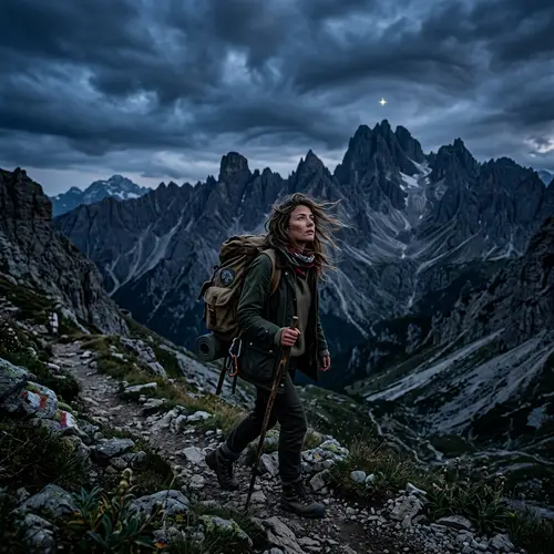 Baroque-inspired Mountain Trekking Adventure in Dim Lighting