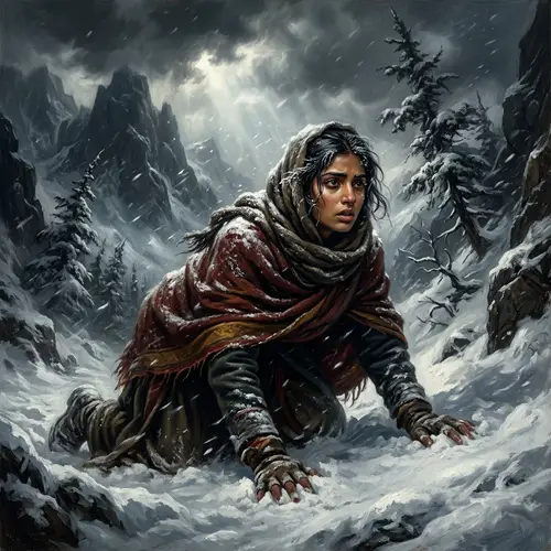 Baroque Style South Asian Woman Battling Snowstorm in Mountainous Terrain