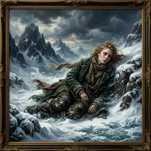 Baroque Style Oil Painting of Frail Woman in Arctic Mountains
