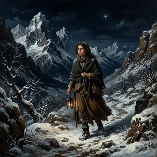 Hispanic Woman Journeying Through Wintry Landscapes at Night